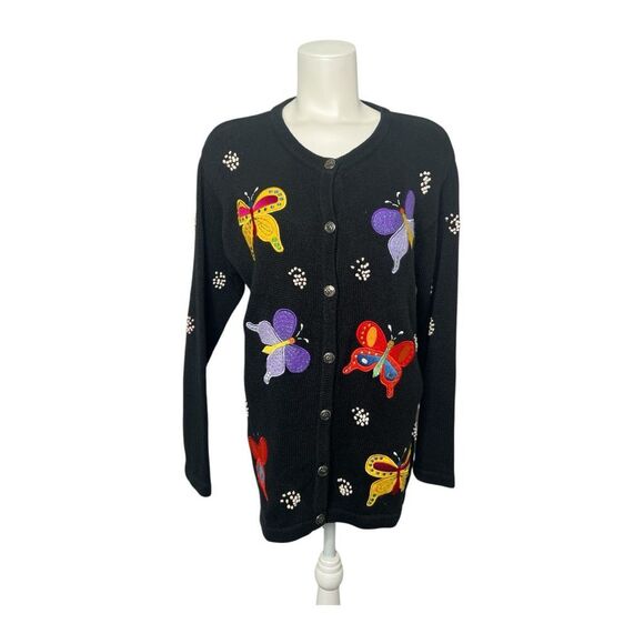 Quacker Factory Black Butterfly Button Down Cardigan Sz Medium Grannycore - Picture 1 of 7